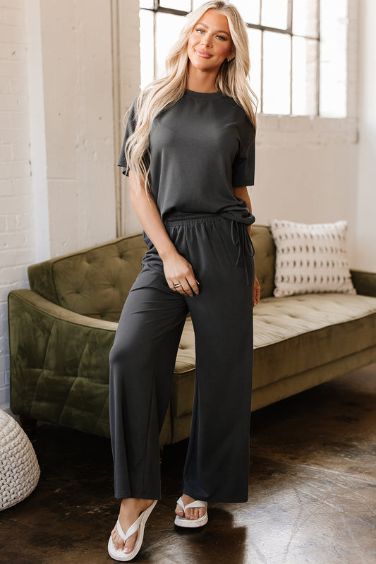 Dallas Drawstring Side Crewneck Tee and Loose Pants Set - Threaded Pear