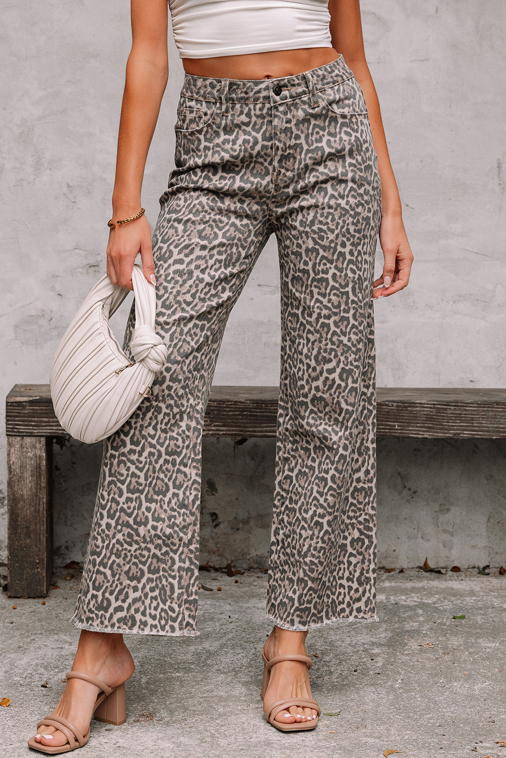 Brianna Leopard Frayed Edge Wide Leg High Waist Jeans - Threaded Pear