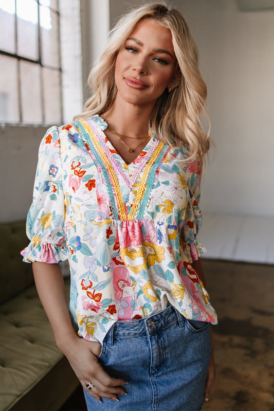 Solana Boho Flower Half Puff Sleeve Blouse - Threaded Pear
