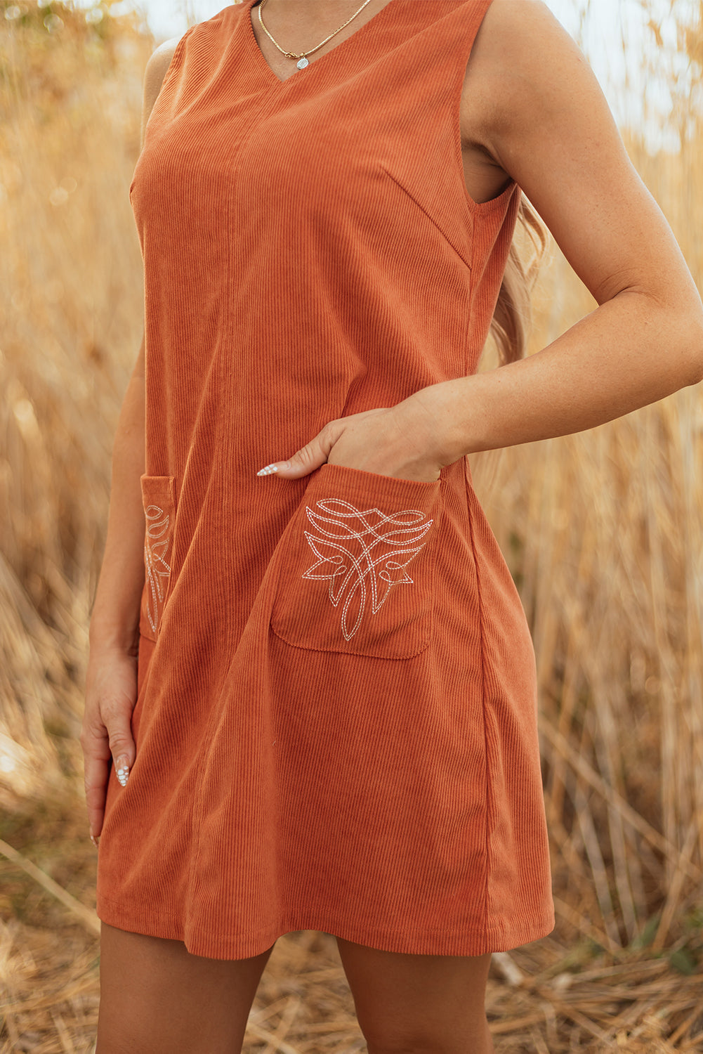 Molly Corduroy Western Embroidered Patched Pocket Mini Dress - Threaded Pear
