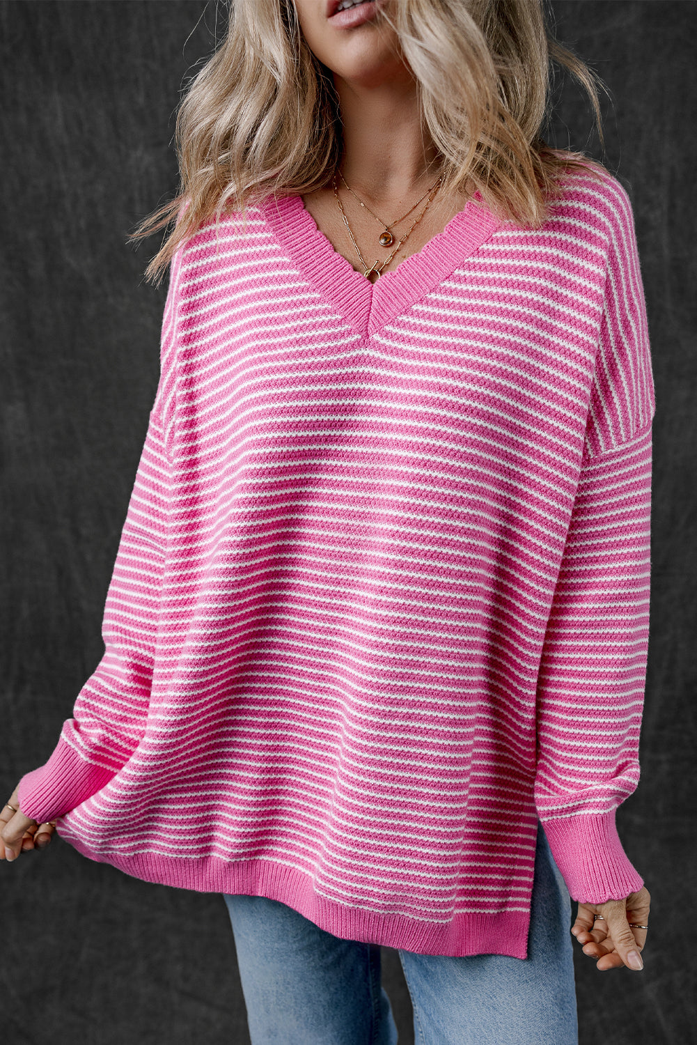Alana Striped Scallop V Neck Loose Sweater - Threaded Pear