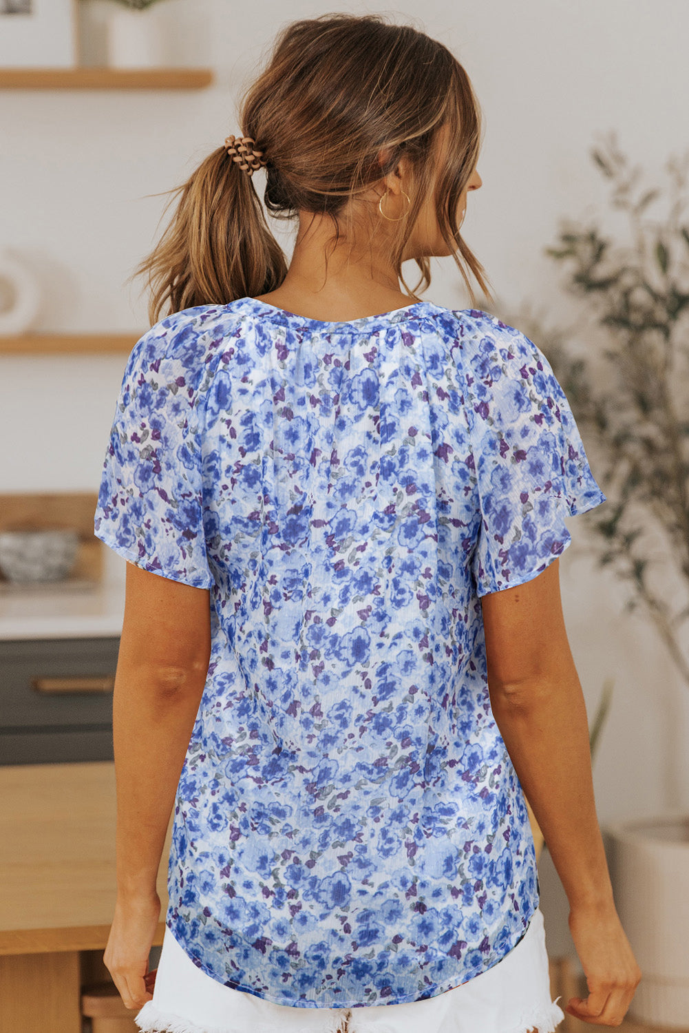 Ellie Flutter Sleeve V Neck Floral Blouse - Threaded Pear