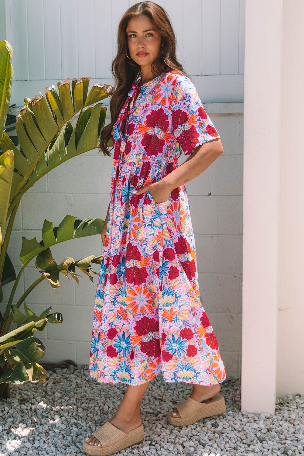 Hannah Floral Tied Front High Waist Long Dress - Threaded Pear