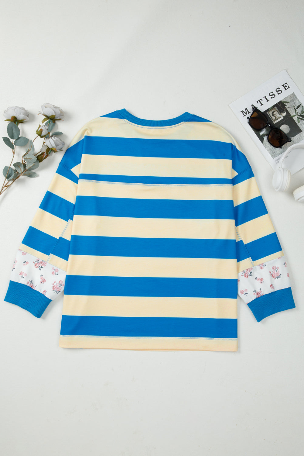 Blue Stripe Floral Color Block Drop Shoulder Plus Size Pullover Top