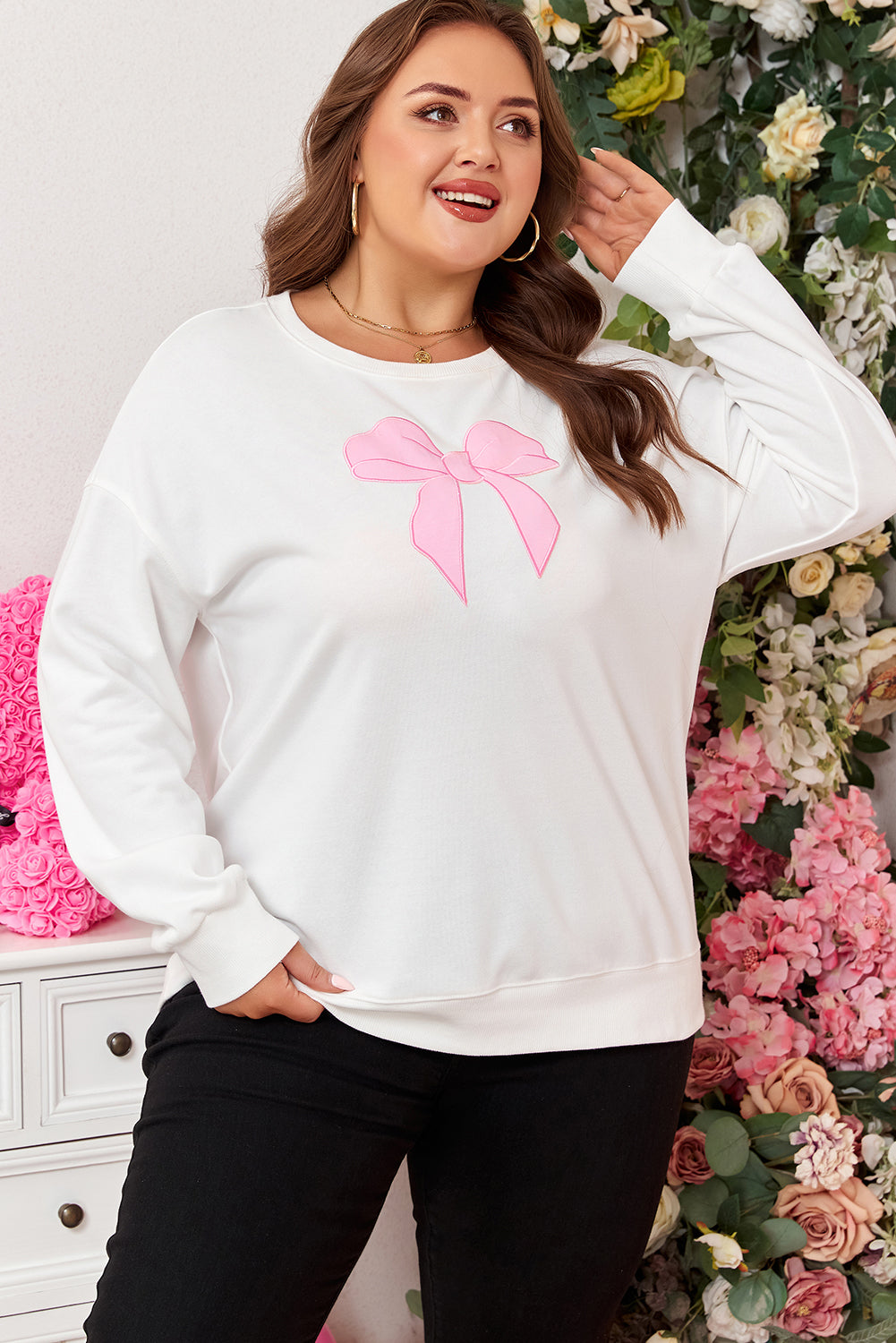Beige Big Bow Accent Plus Size Drop Shoulder Sweatshirt - Threaded Pear