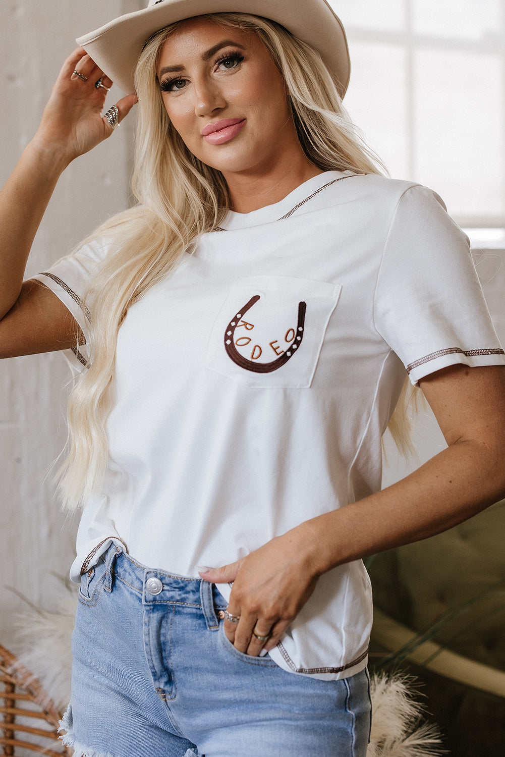 Horseshoe Embroidered Patch Pocket Tee - Threaded Pear