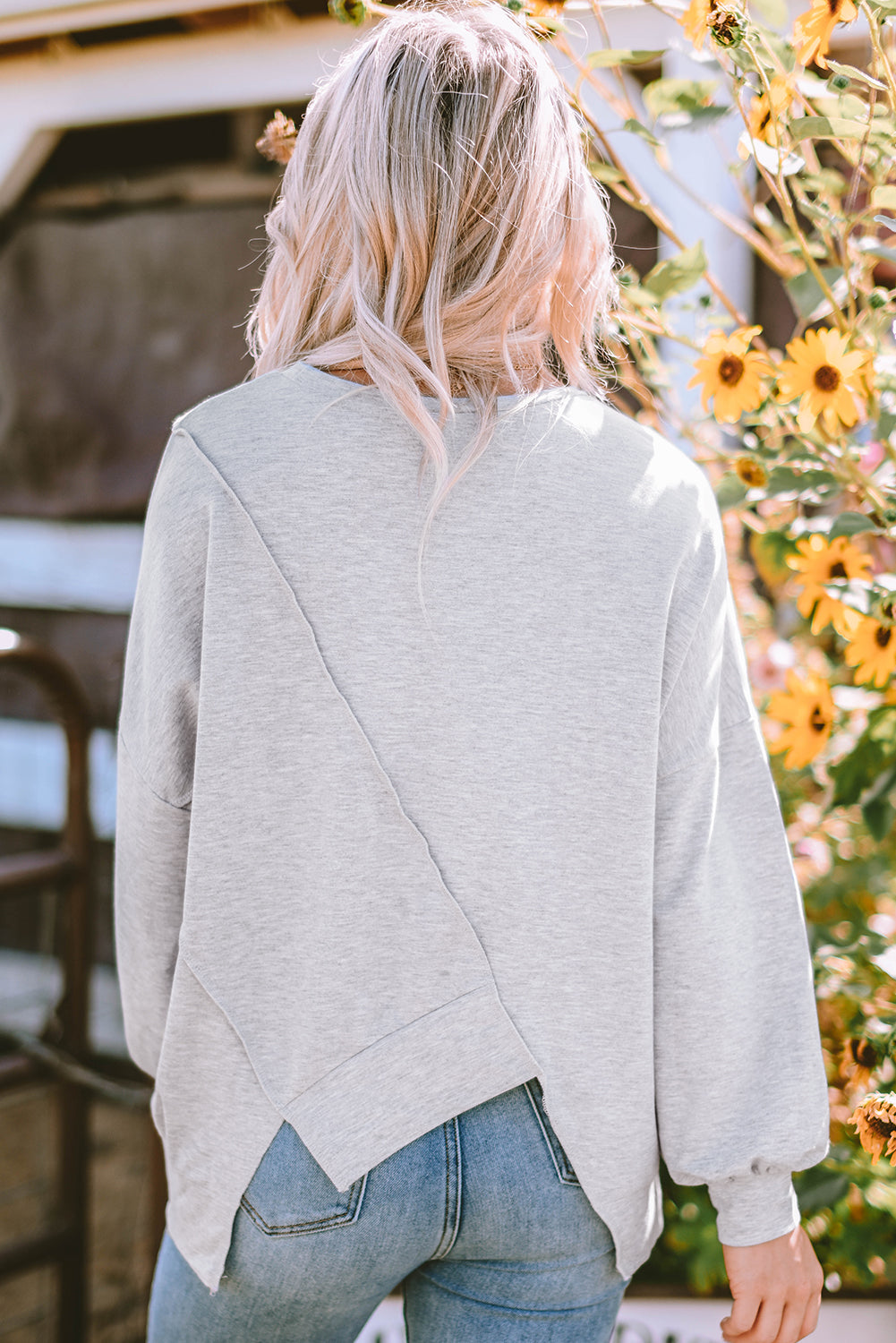 Isabella Stitching Irregular Hem Long Sleeve Top - Threaded Pear