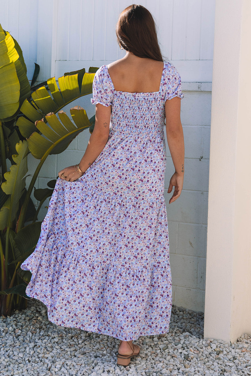 Lacey Floral Short Bubble Sleeve Maxi Dress - Threaded Pear