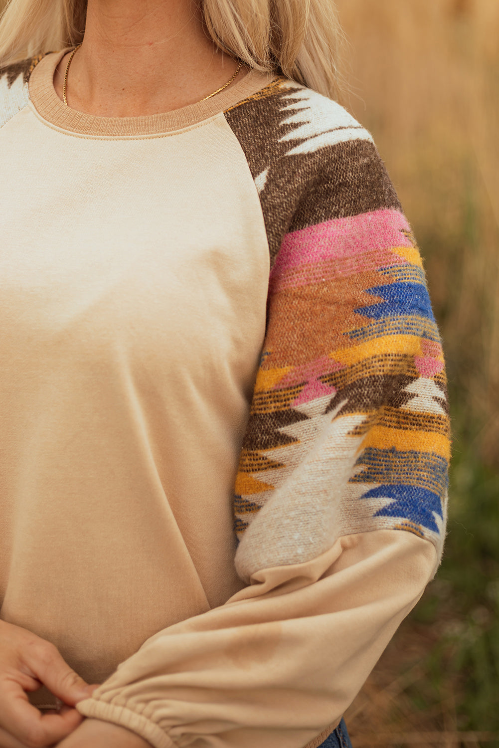 Logan Aztec Patchwork Raglan Pullover Sweatshirt - Threaded Pear