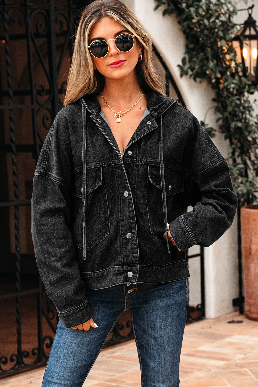 Sage Pocket Drop Shoulder Hooded Denim Jacket - Threaded Pear