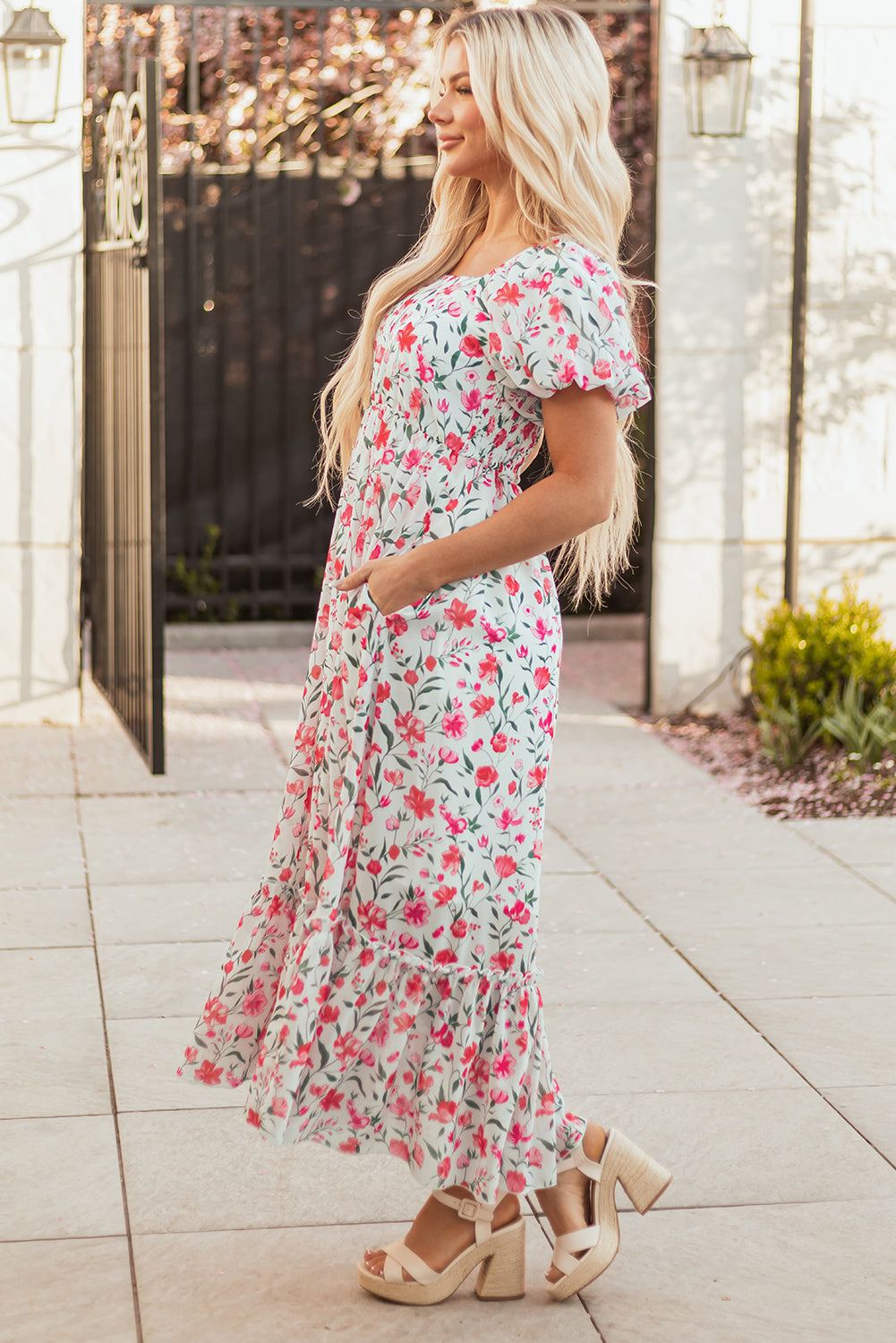 Molly Floral Square Neck Empire Waist Tiered Maxi Dress - Threaded Pear