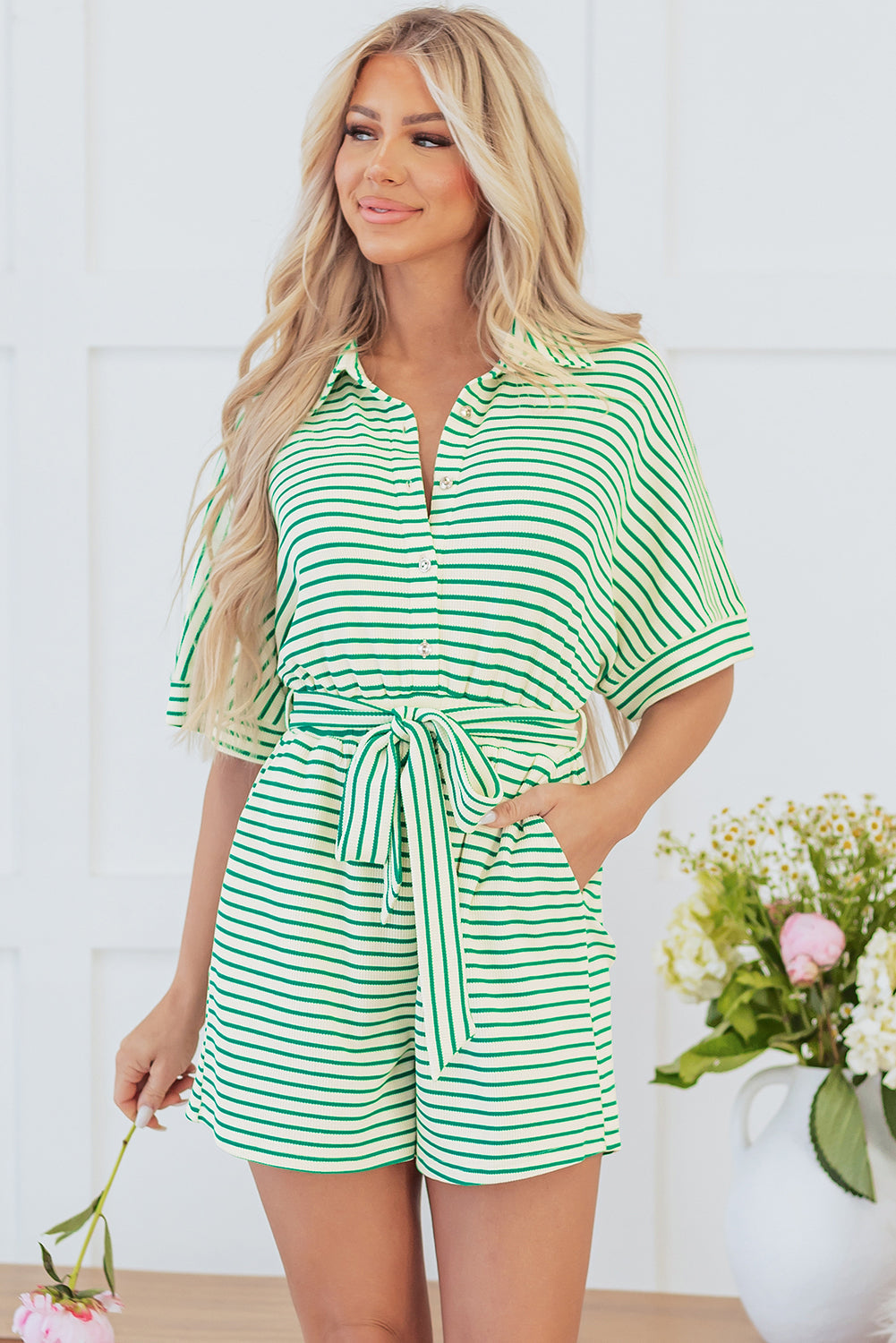 Annabelle Stripe Buttoned & Tie Romper - Threaded Pear