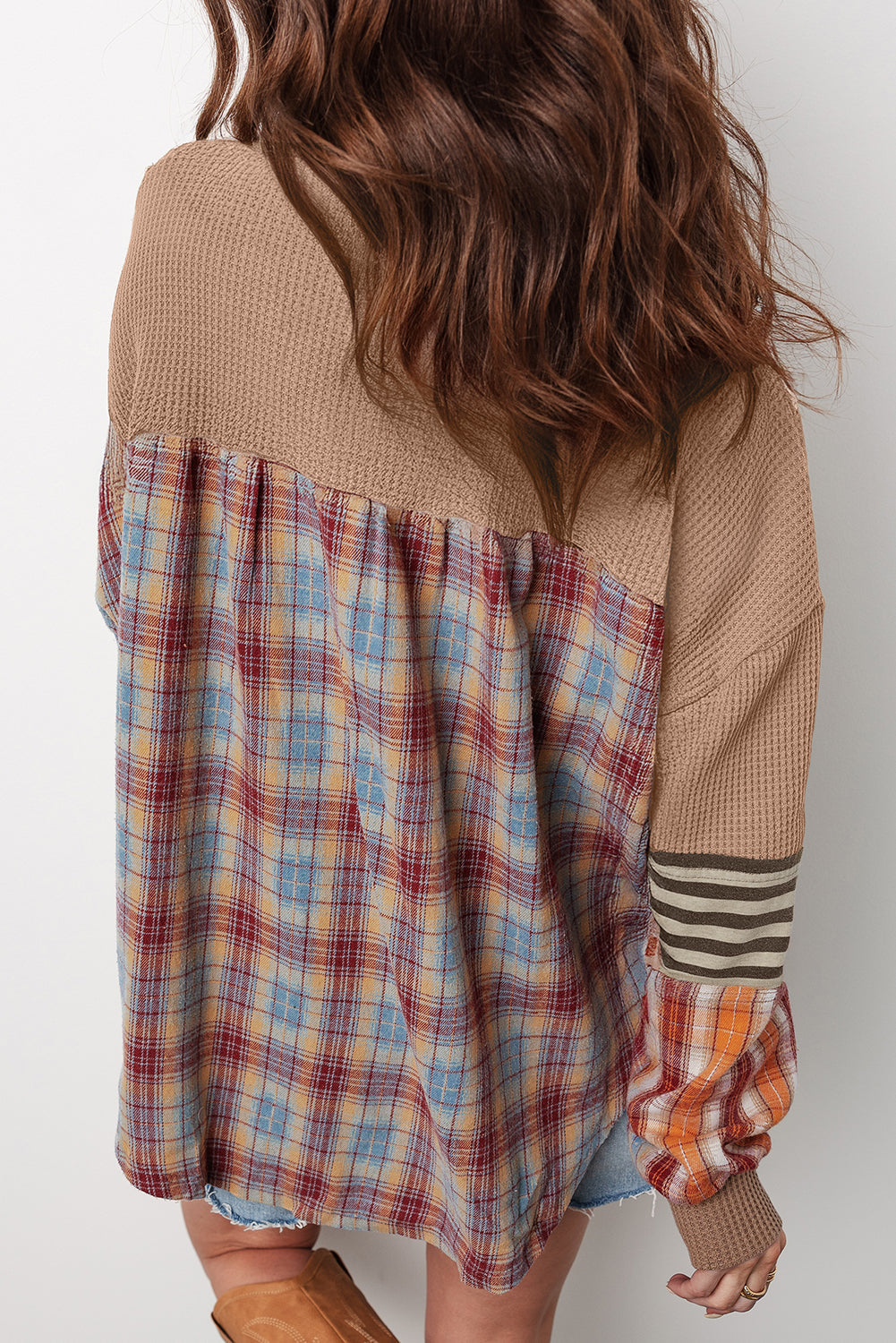 Aaliyah Waffle Stripe Plaid Patchwork Henley Knit Top - Threaded Pear