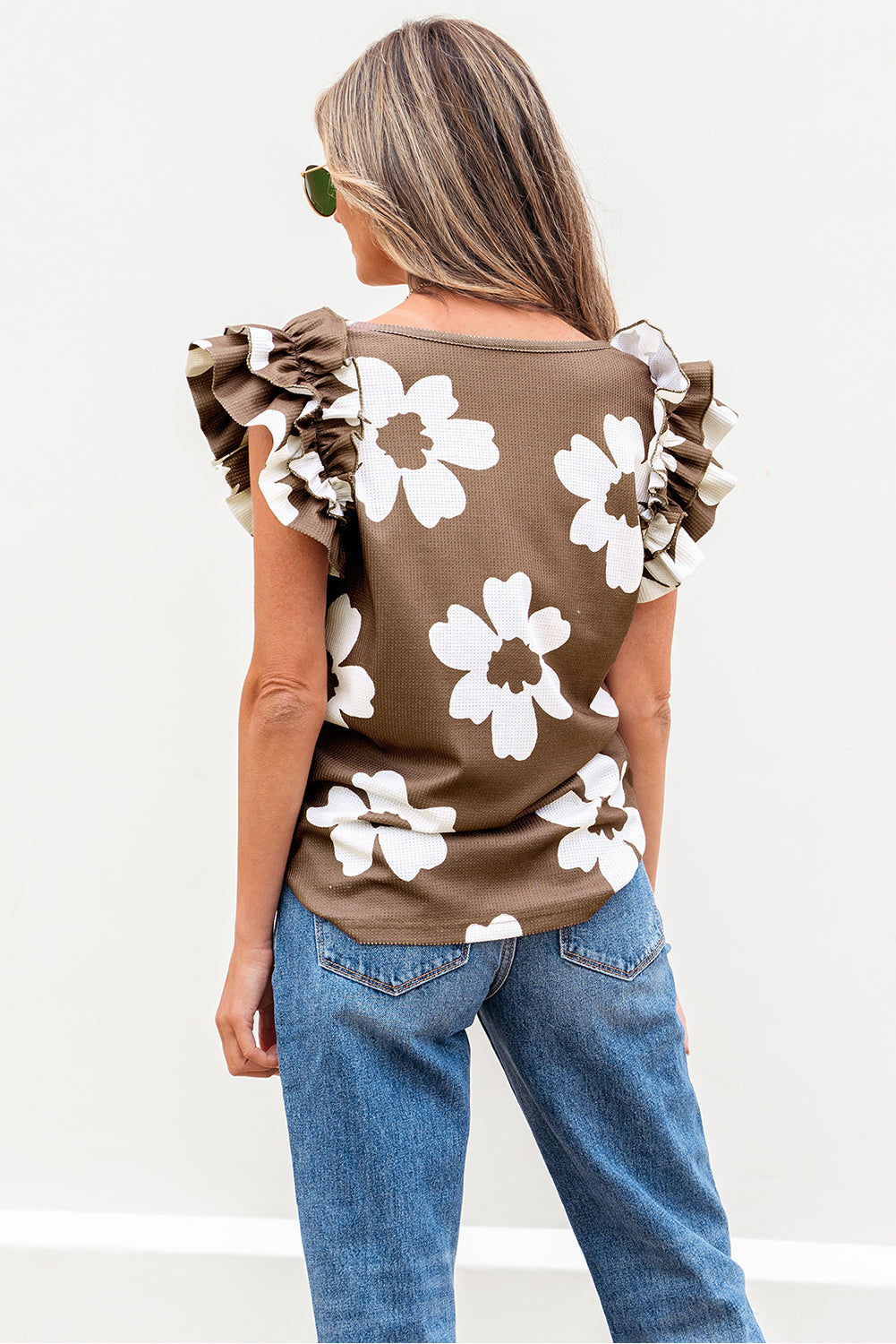 Vada Floral Textured Ruffled Sleeve Blouse - Threaded Pear