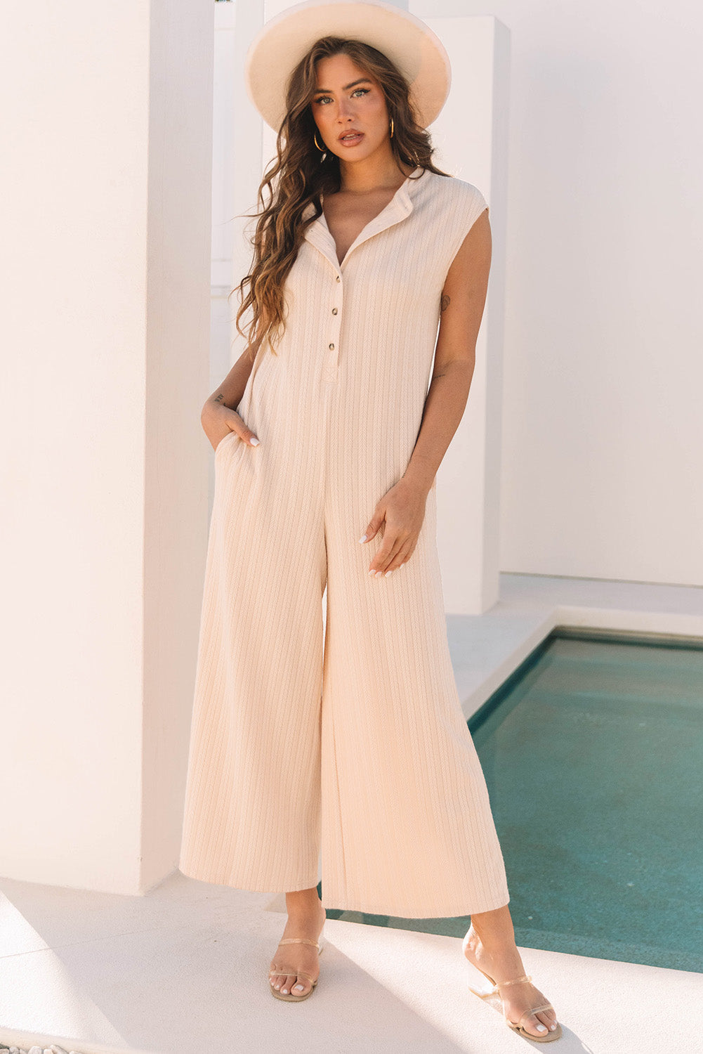 Textured Buttoned Wide Leg Sleeveless Jumpsuit - Threaded Pear
