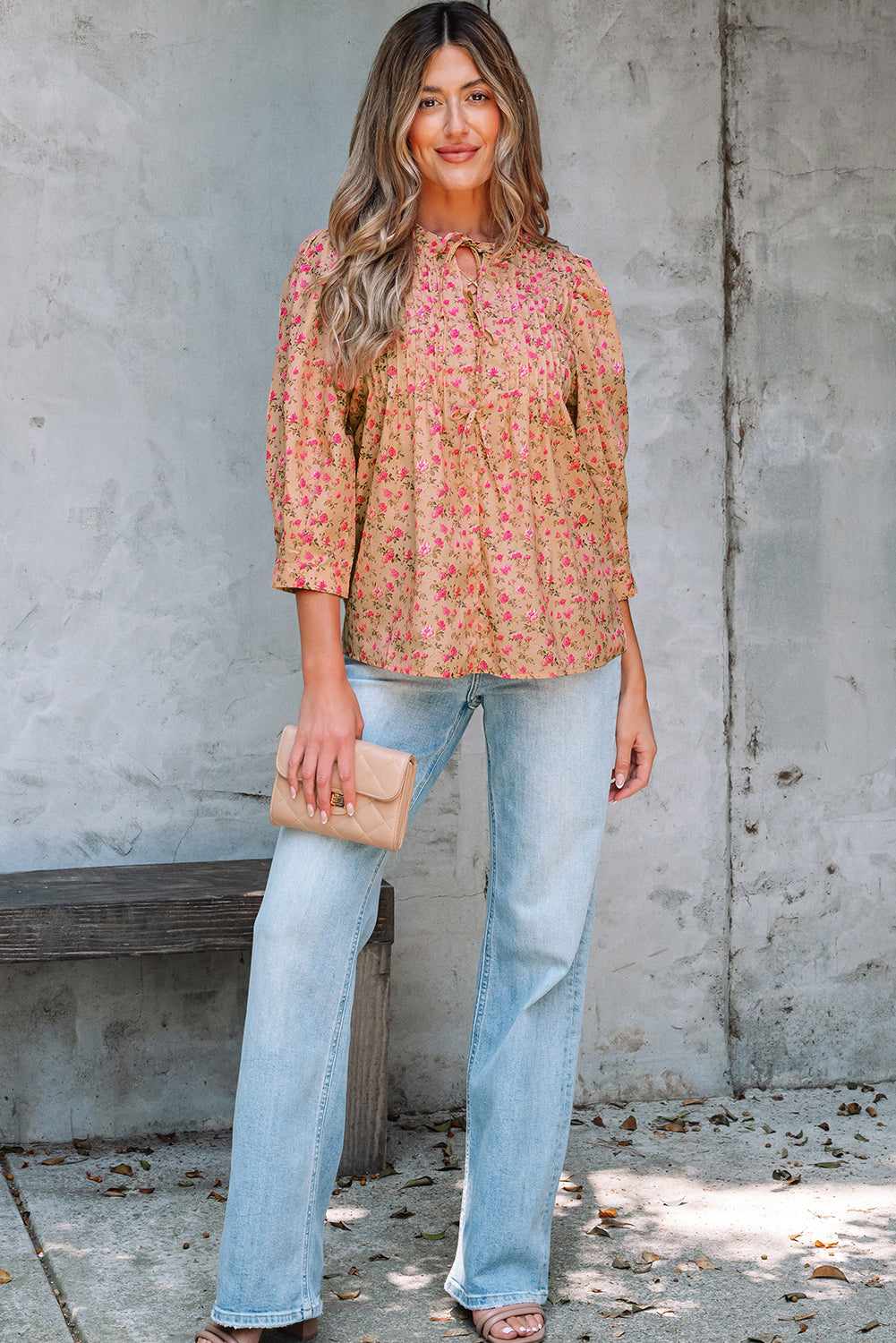 Sadie Floral Bow Pin-tuck Bust Half Puff Sleeve Blouse - Threaded Pear