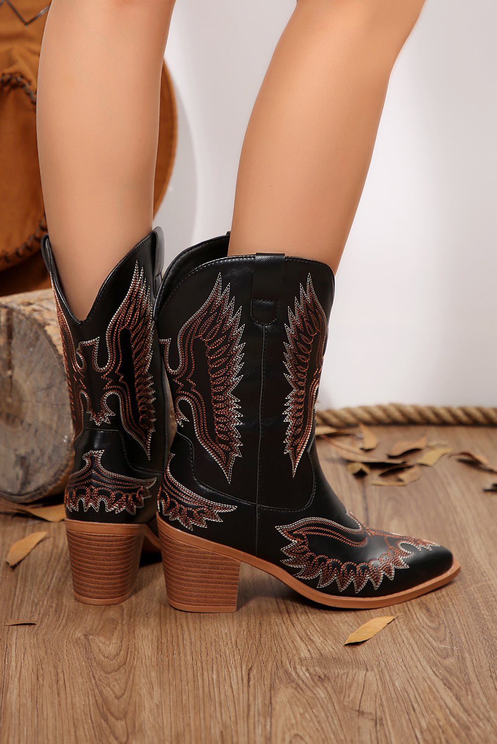 Mackenzie Western Eagle Embroidered Faux Leather Boots - Threaded Pear