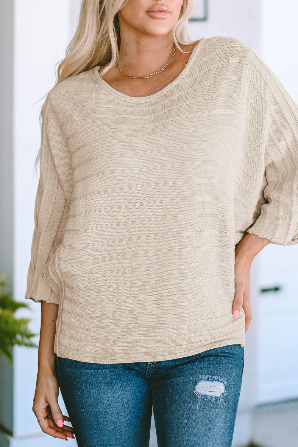 Ella Ribbed Knit Dolman Sweater - Threaded Pear