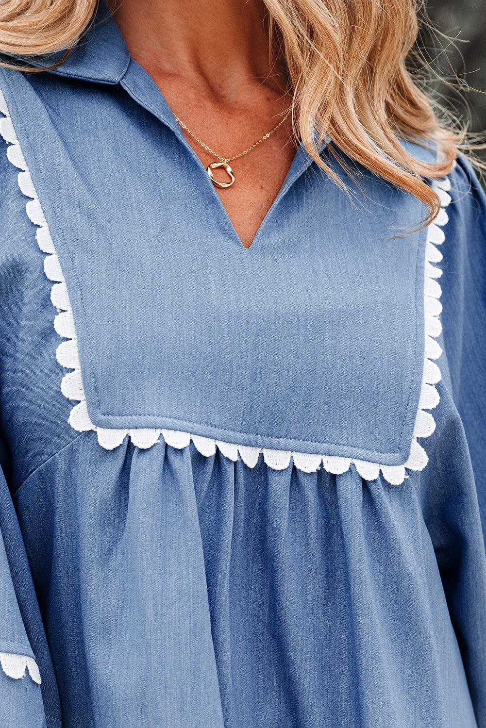 Nevaeh Lace Ric Rac 3/4 Puff Sleeve Collared Babydoll Blouse - Threaded Pear