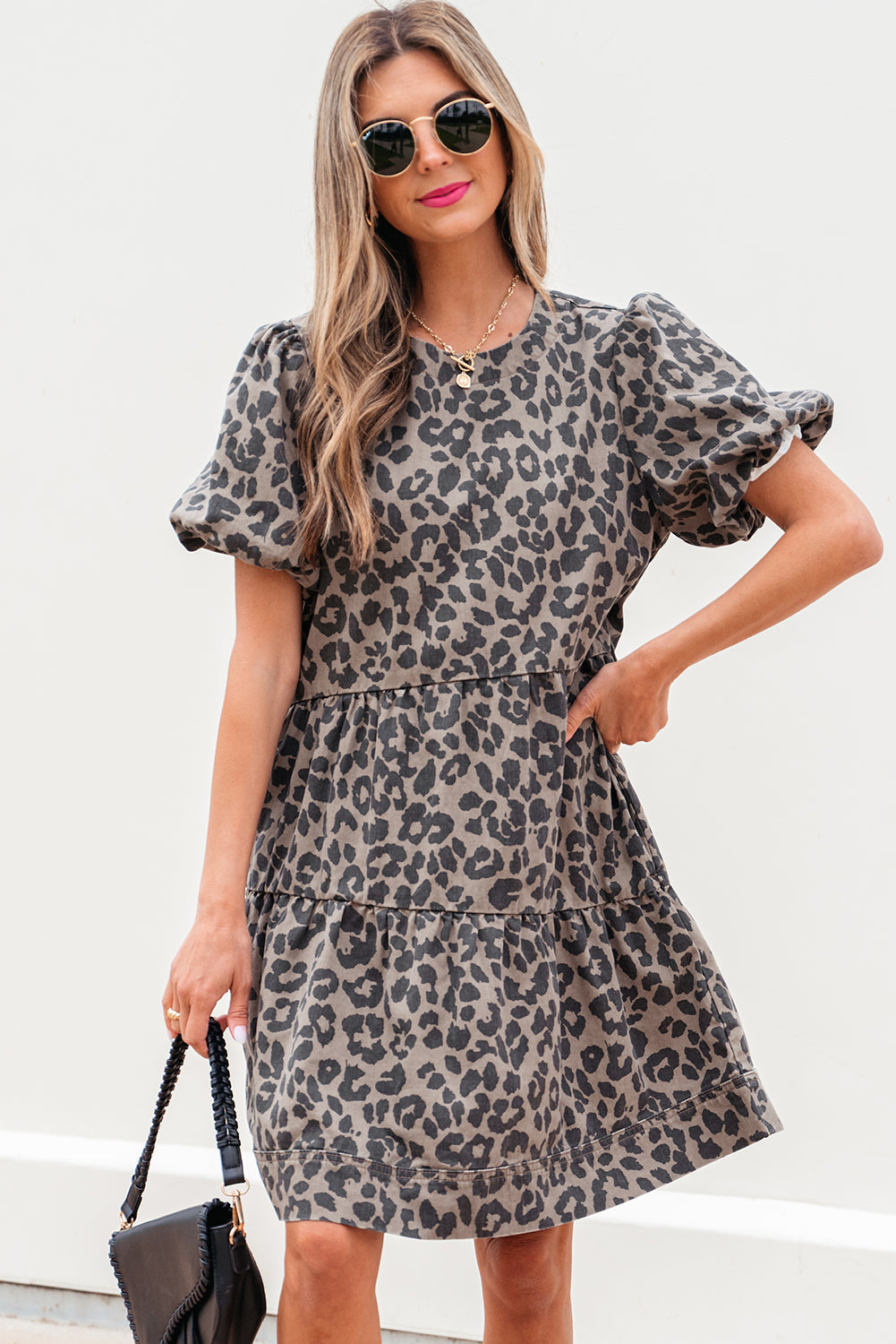 Zaylee Denim Leopard Short Puff Sleeve Mini Dress - Threaded Pear