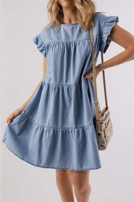 Zoey Ruffle Short Sleeve Tiered A-line Denim Dress - Threaded Pear