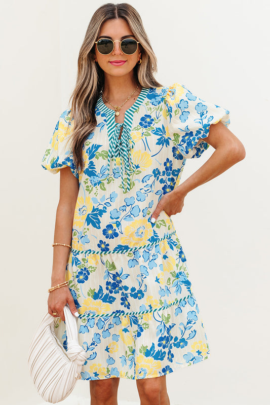 Payton Floral Striped Trim Puff Short Sleeve Dress - Threaded Pear