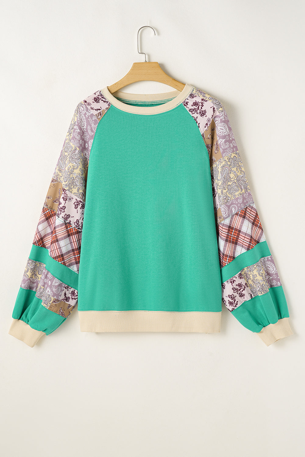 Sky Blue Plus Size Plaid Floral Patchwork Raglan Sleeve Sweatshirt - Threaded Pear
