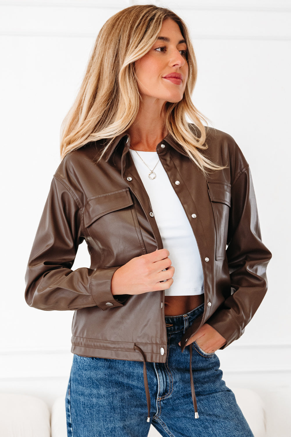 Mila Drawstring Hem Leather Jacket - Threaded Pear