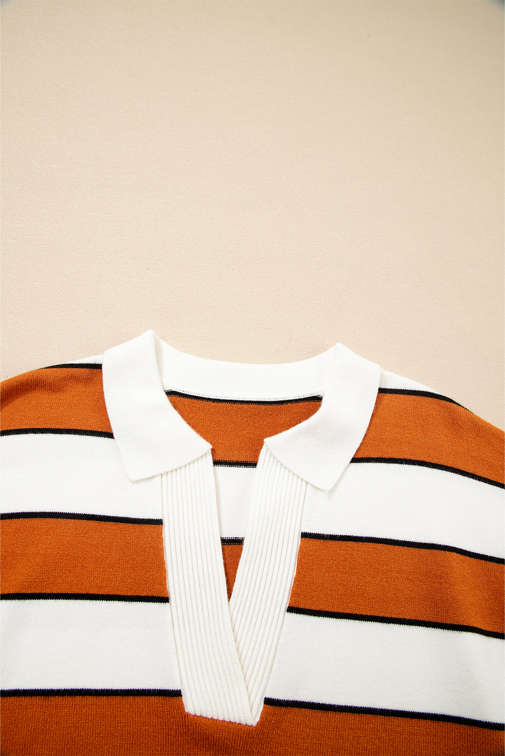 Valeria Stripe Ribbed Polo Collar Drop Shoulder Sweater - Threaded Pear