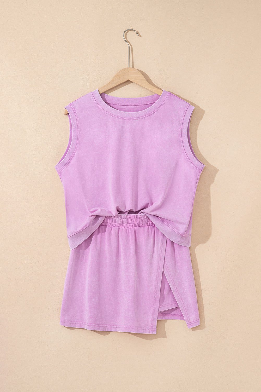 Aria 2 Pieces Mineral Wash Cotton Tank Top Lined Split Skirt Set - Threaded Pear