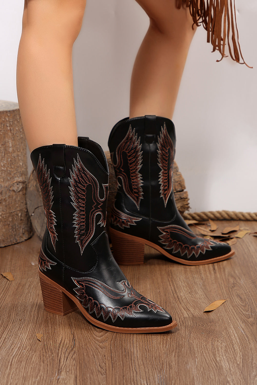 Mackenzie Western Eagle Embroidered Faux Leather Boots - Threaded Pear