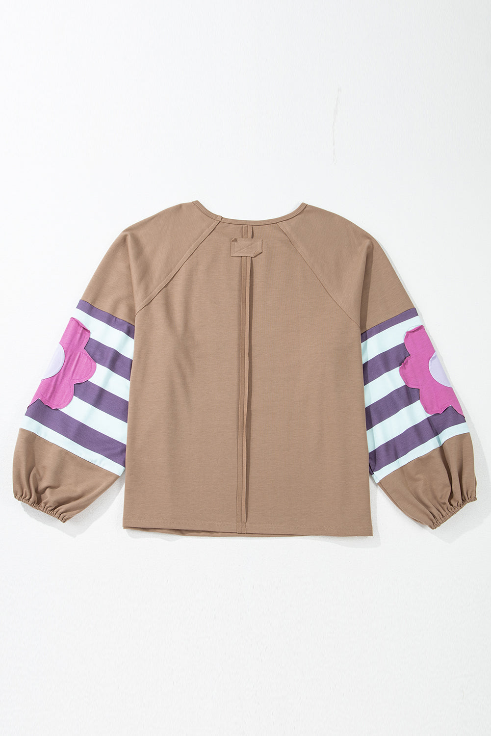 Light French Beige Flower Striped Patchwork Puff Sleeve Loose PLUS Sweatshirt - Threaded Pear