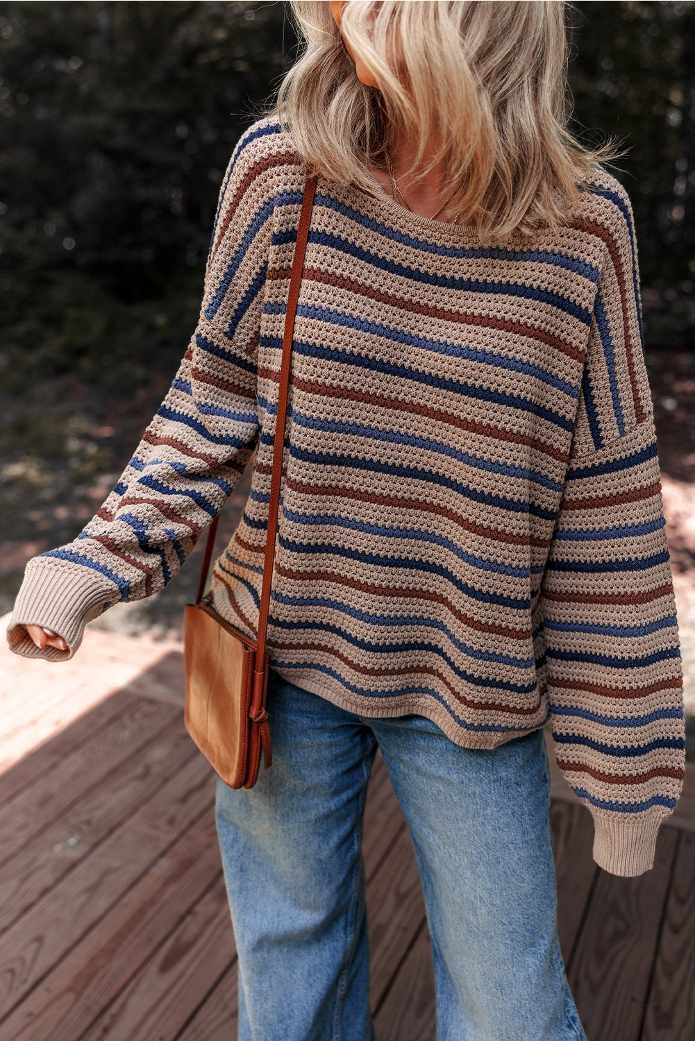 Emery Striped Knitted Drop Shoulder Round Neck Sweater - Threaded Pear