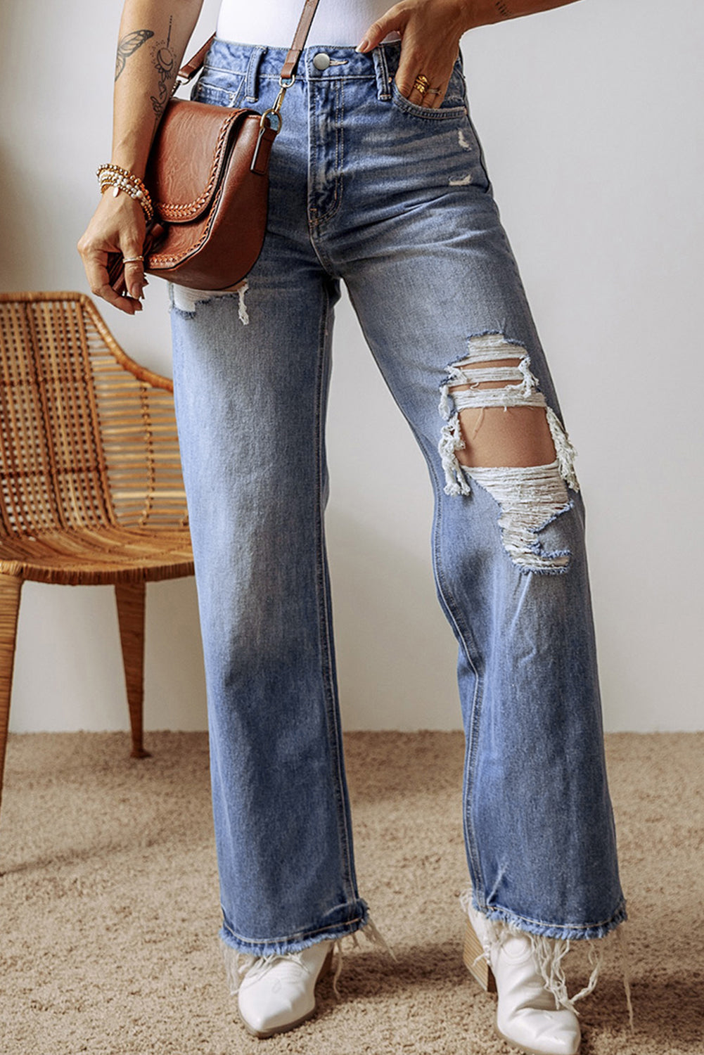 Madilyn Distressed Raw Hem Straight Leg High Waist Jeans - Threaded Pear