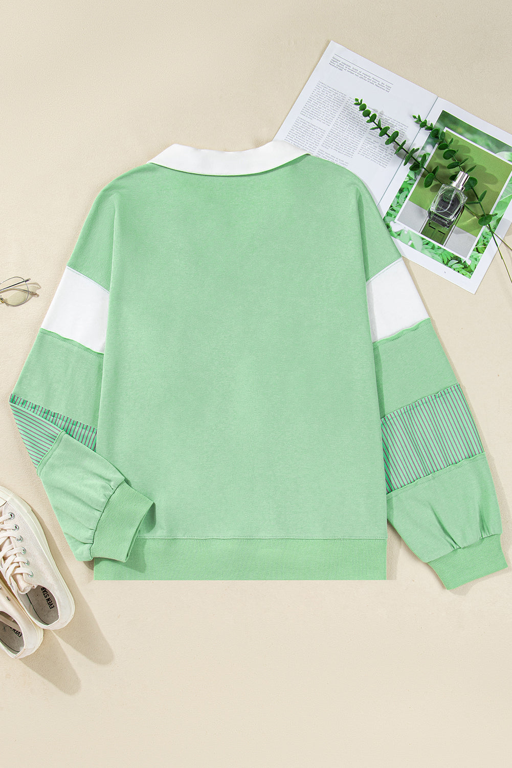 Moonlight Jade Color Block Striped Patchwork Collar V Neck Plus Size Sweatshirt - Threaded Pear