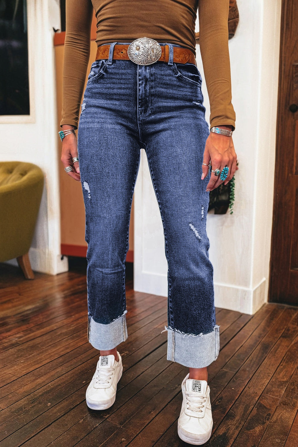 Jacy Cuffs Distressed Straight High Waist Jeans - Threaded Pear