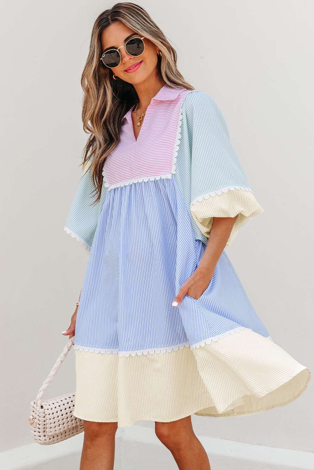 Joelle Striped Ric Rac Puff Sleeve Collared Mini Dress - Threaded Pear