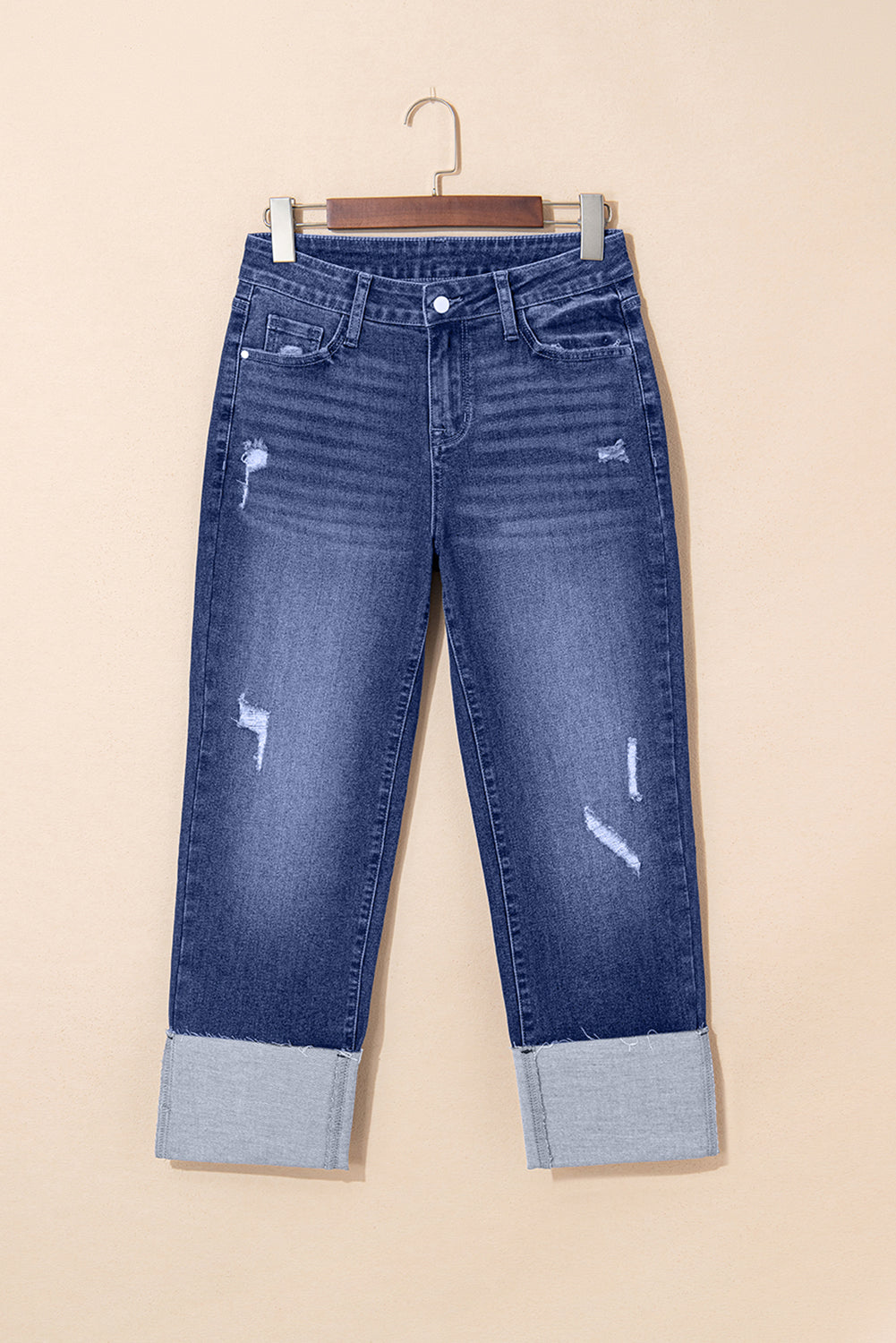 Jacy Cuffs Distressed Straight High Waist Jeans - Threaded Pear