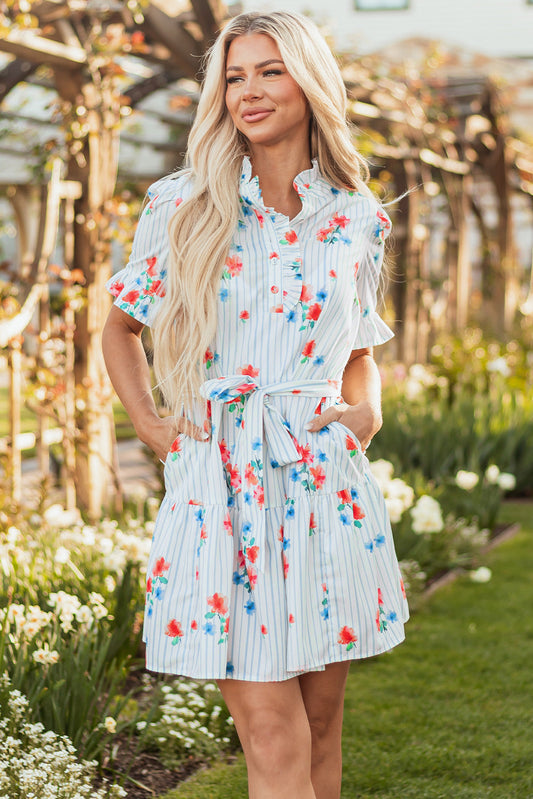 Siya Blue Stripe Floral Ruffle Short Sleeve Belted Mini Dress - Threaded Pear