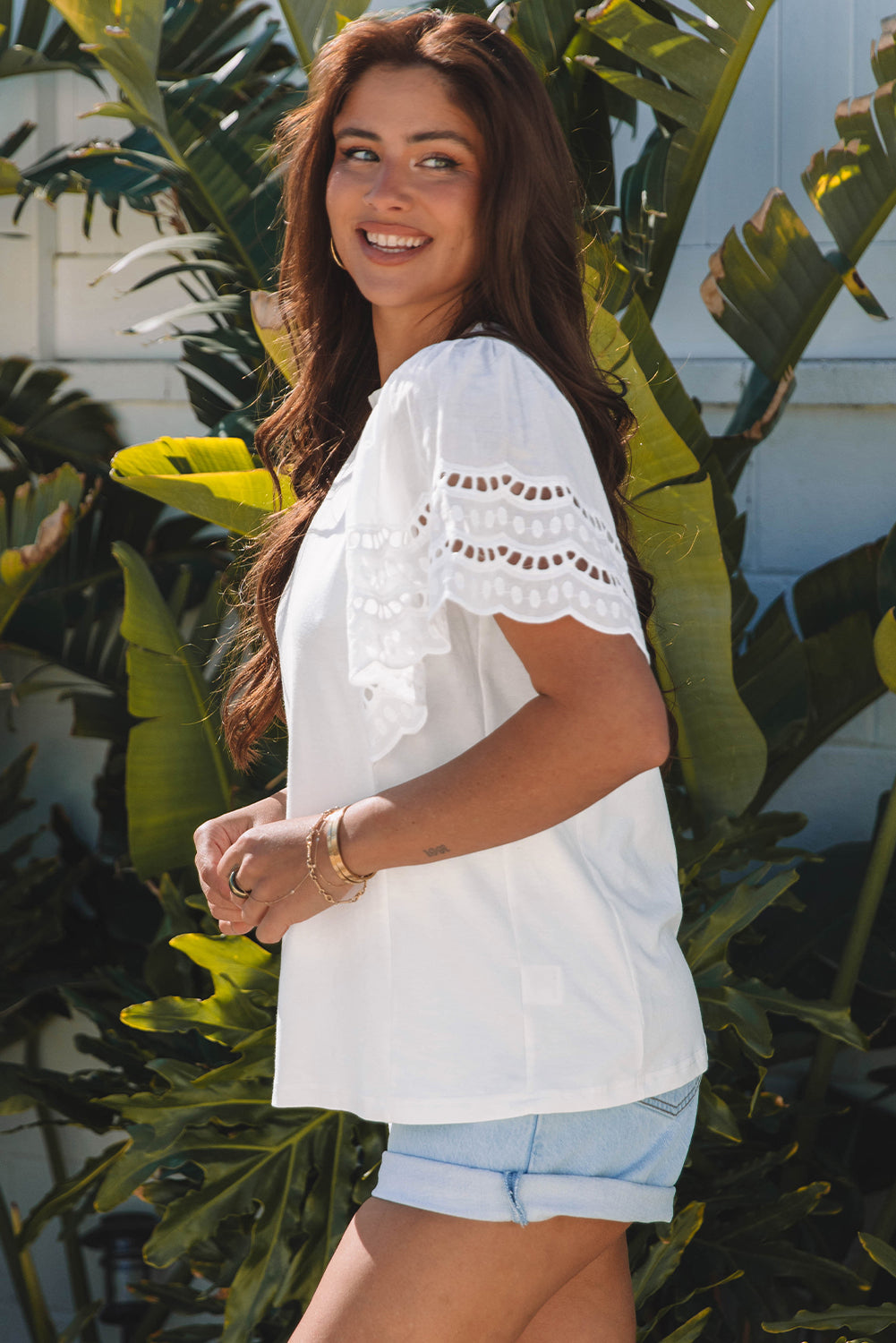 Giana Embroidered Short Sleeve O Neck Top - Threaded Pear