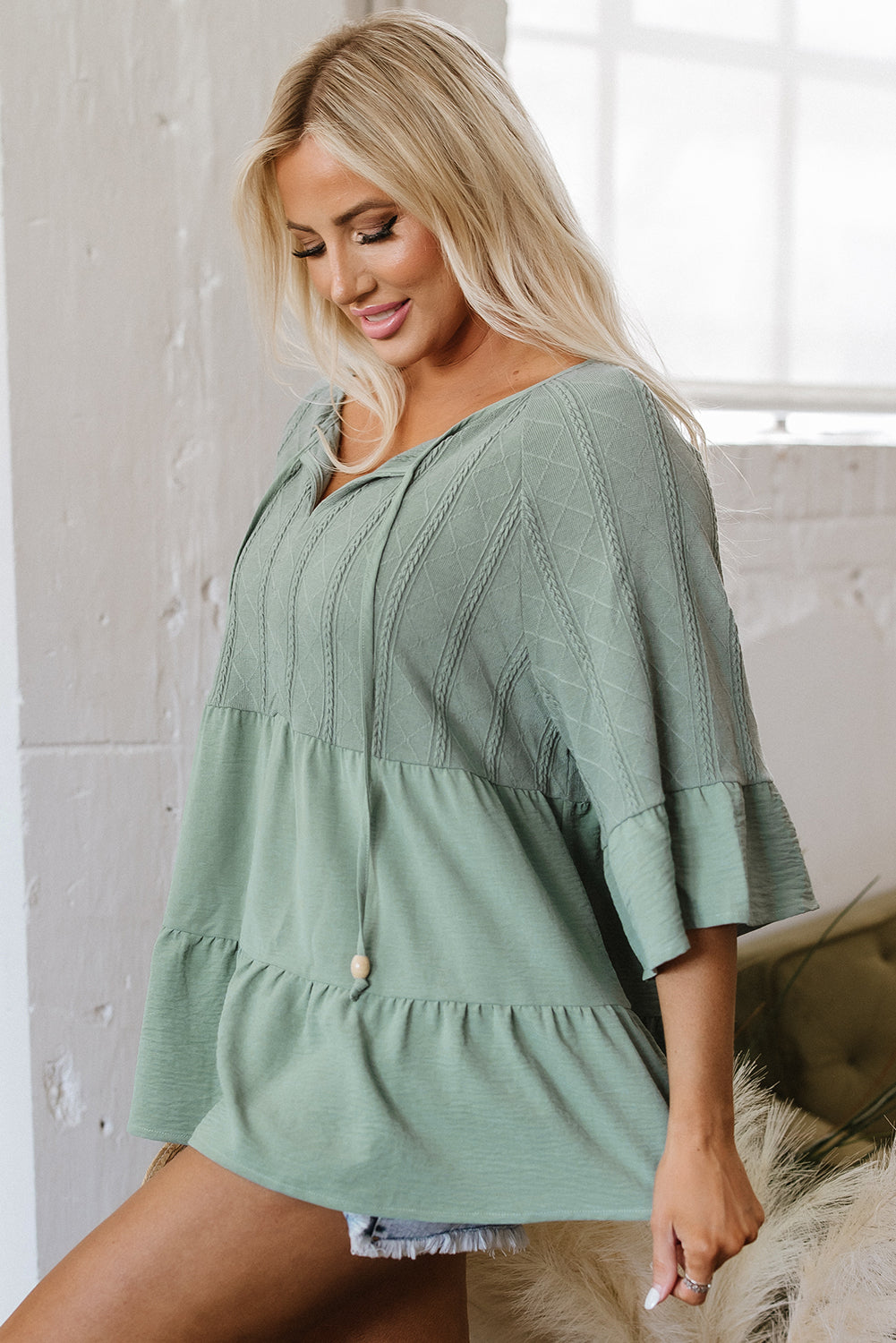 Ensley Tie Split Neck Textured Ruffle Patchwork Blouse - Threaded Pear