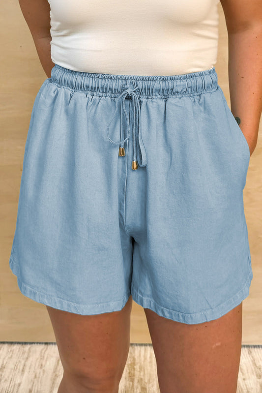 Beau Blue Washed Chambray Drawstring Elastic Waist Plus Size Shorts - Threaded Pear