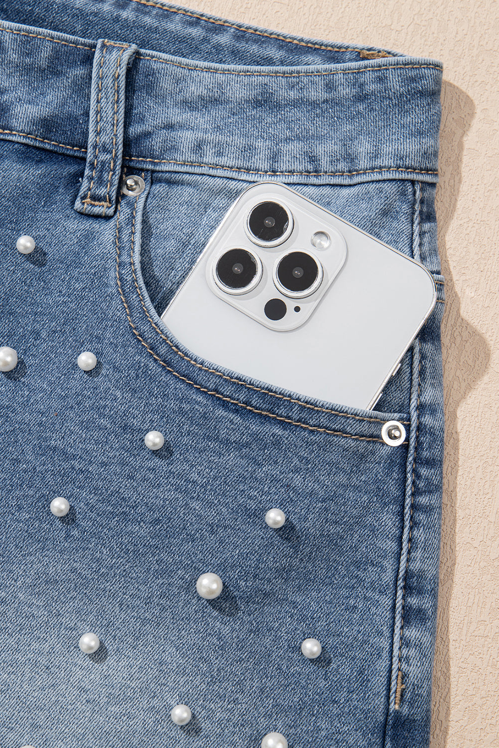 Amelie Pearl Beaded Raw Hem Medium Wash Denim Shorts - Threaded Pear