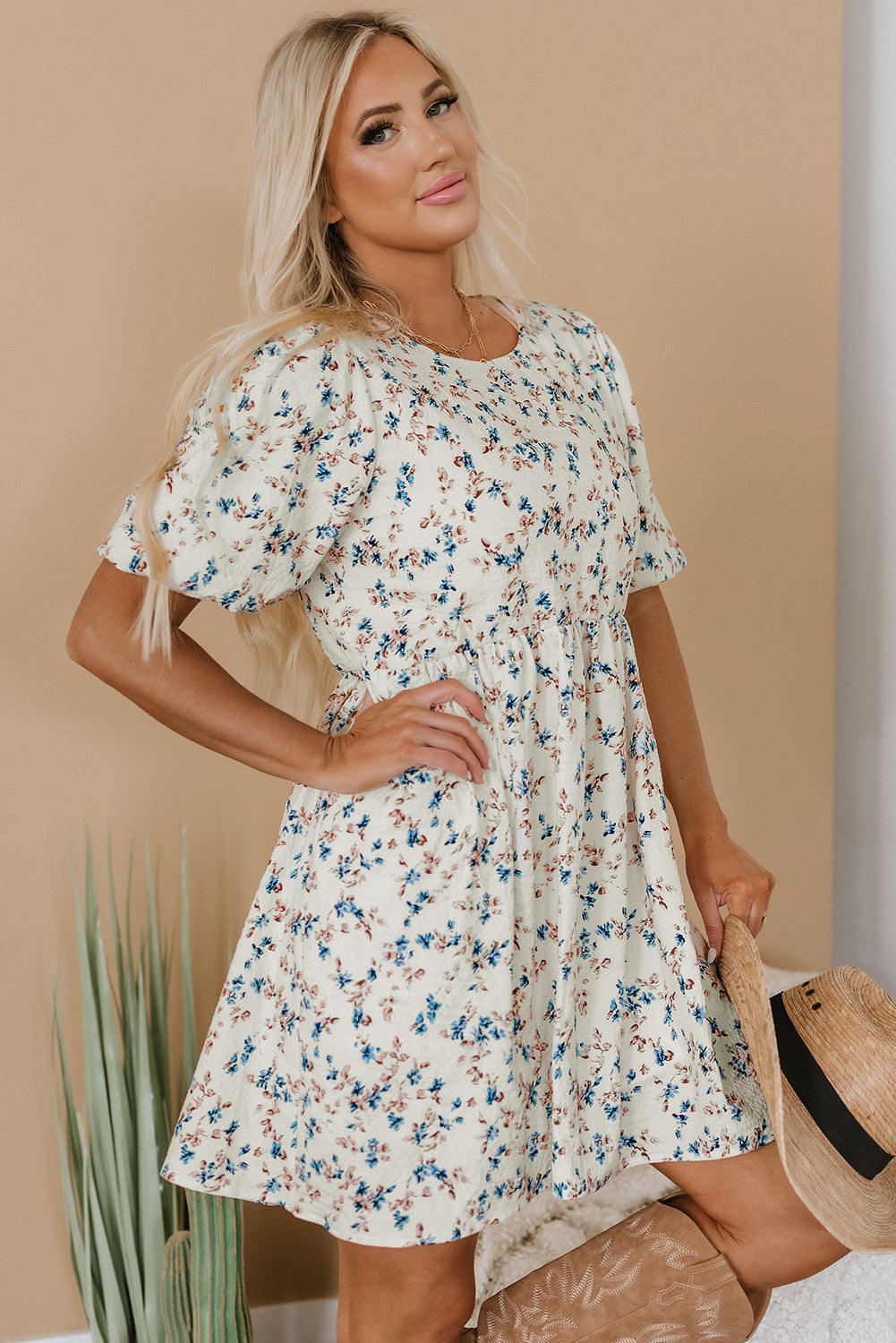 Kimber Floral Puff Short Sleeve Dress - Threaded Pear