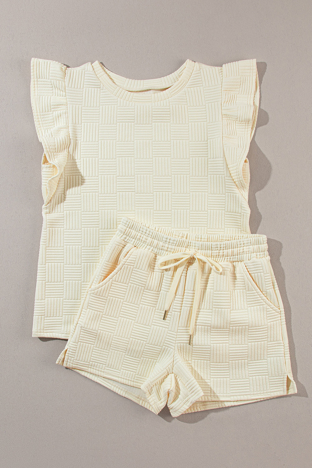 Pearl Textured Ruffled Sleeve Tee and Shorts Set - Threaded Pear