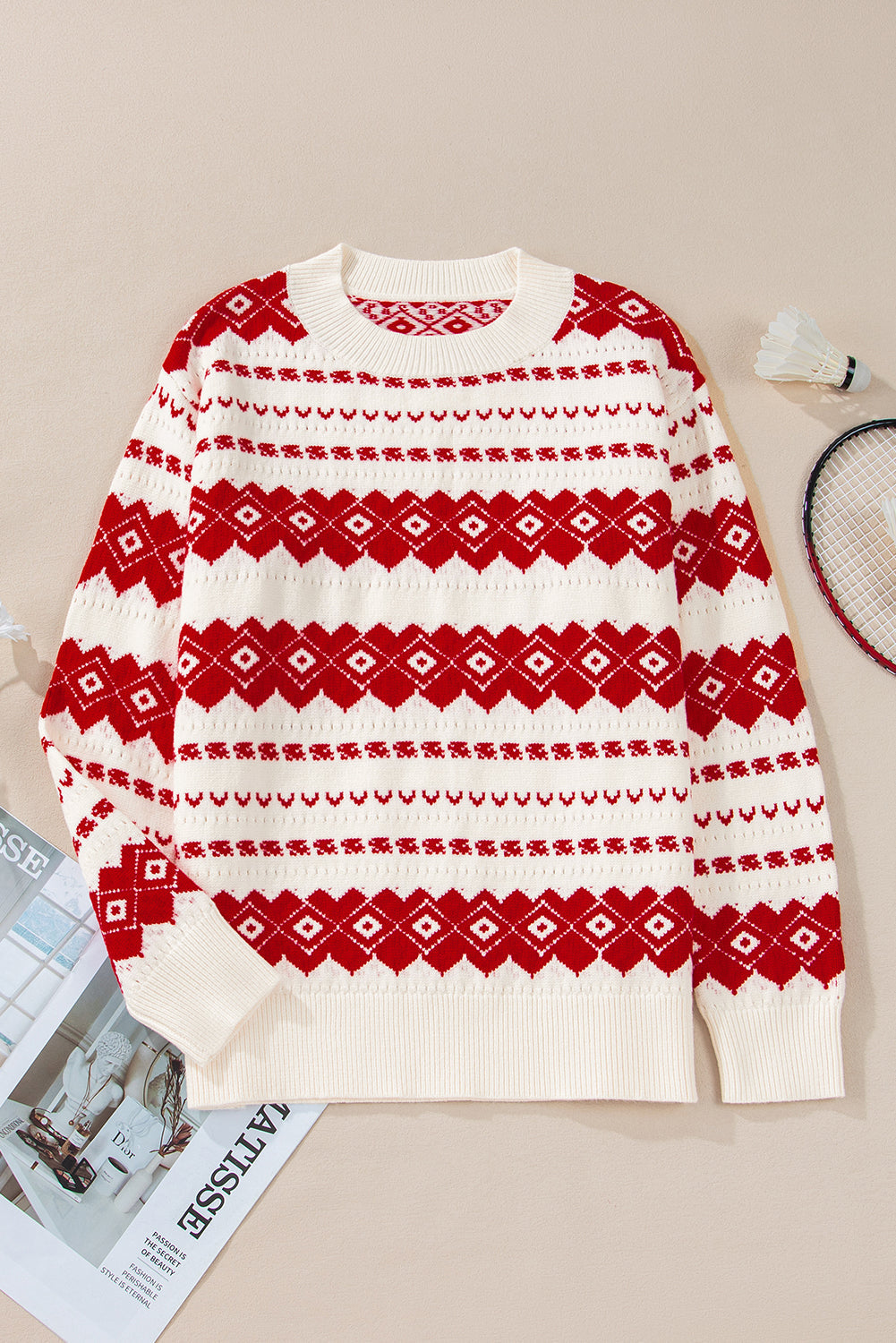 Rosalie Patterned Crew Neck Loose Sweater - Threaded Pear