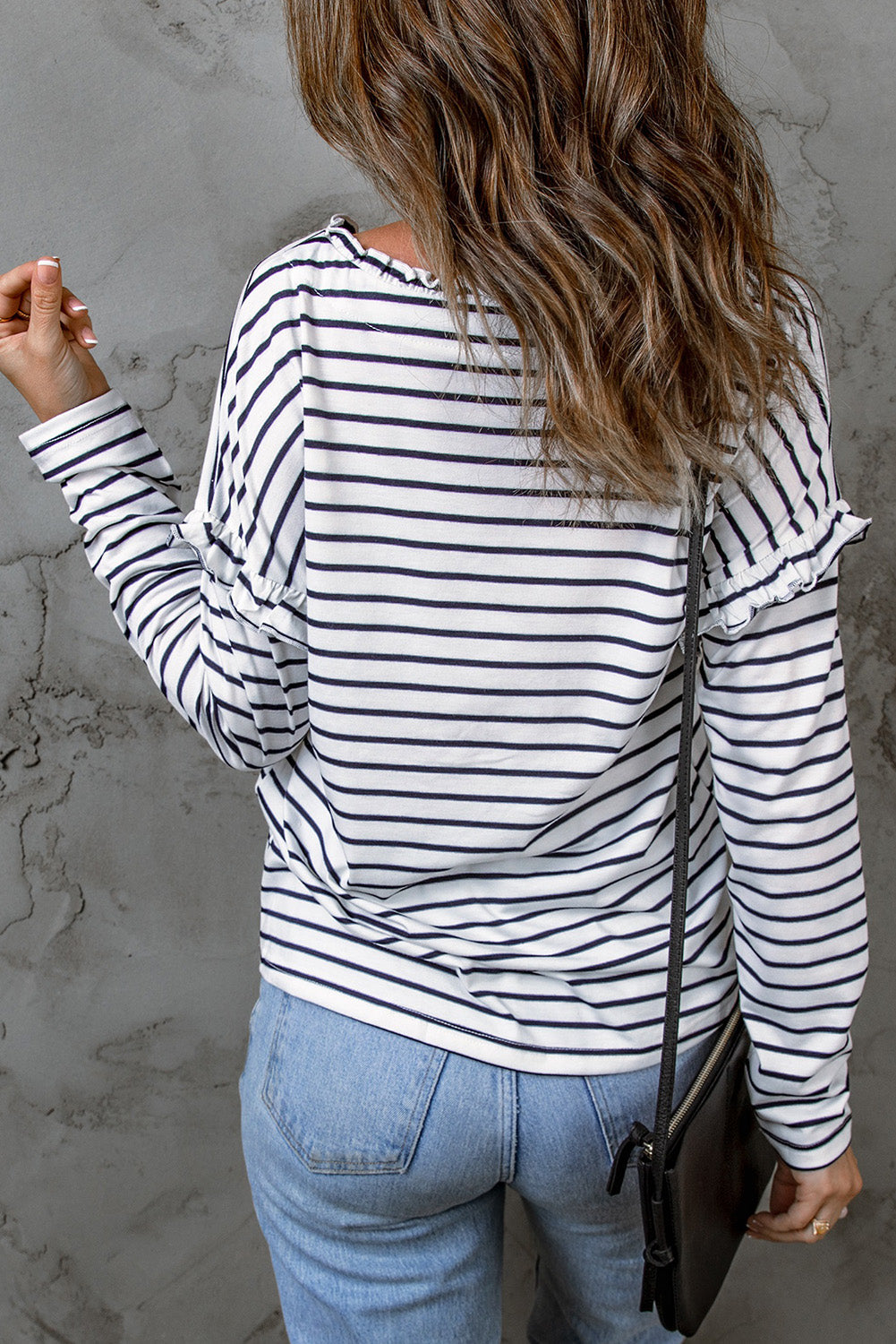 Emryn Striped Ruffled Buttoned Long Sleeve Top - Threaded Pear