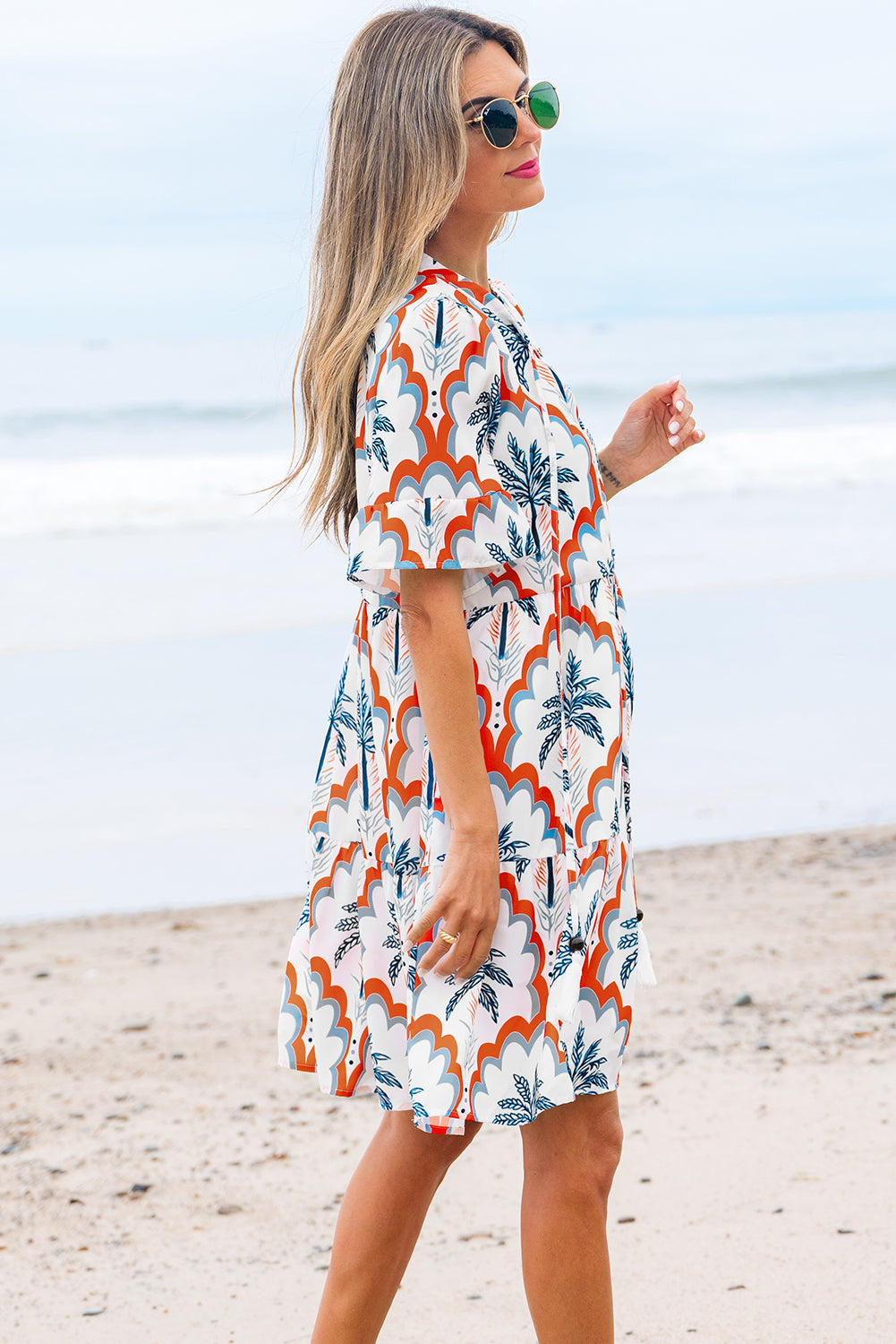 Genesis Palm Tree Printed Short Sleeve Dress - Threaded Pear