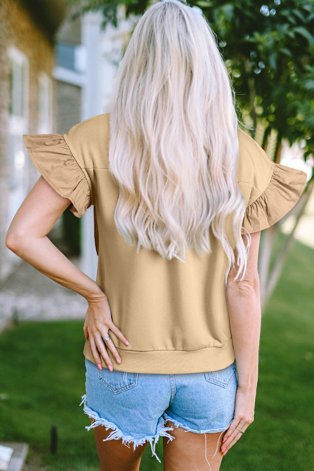 Camilla Two Tone Bow Ruffle Sleeve Top - Threaded Pear