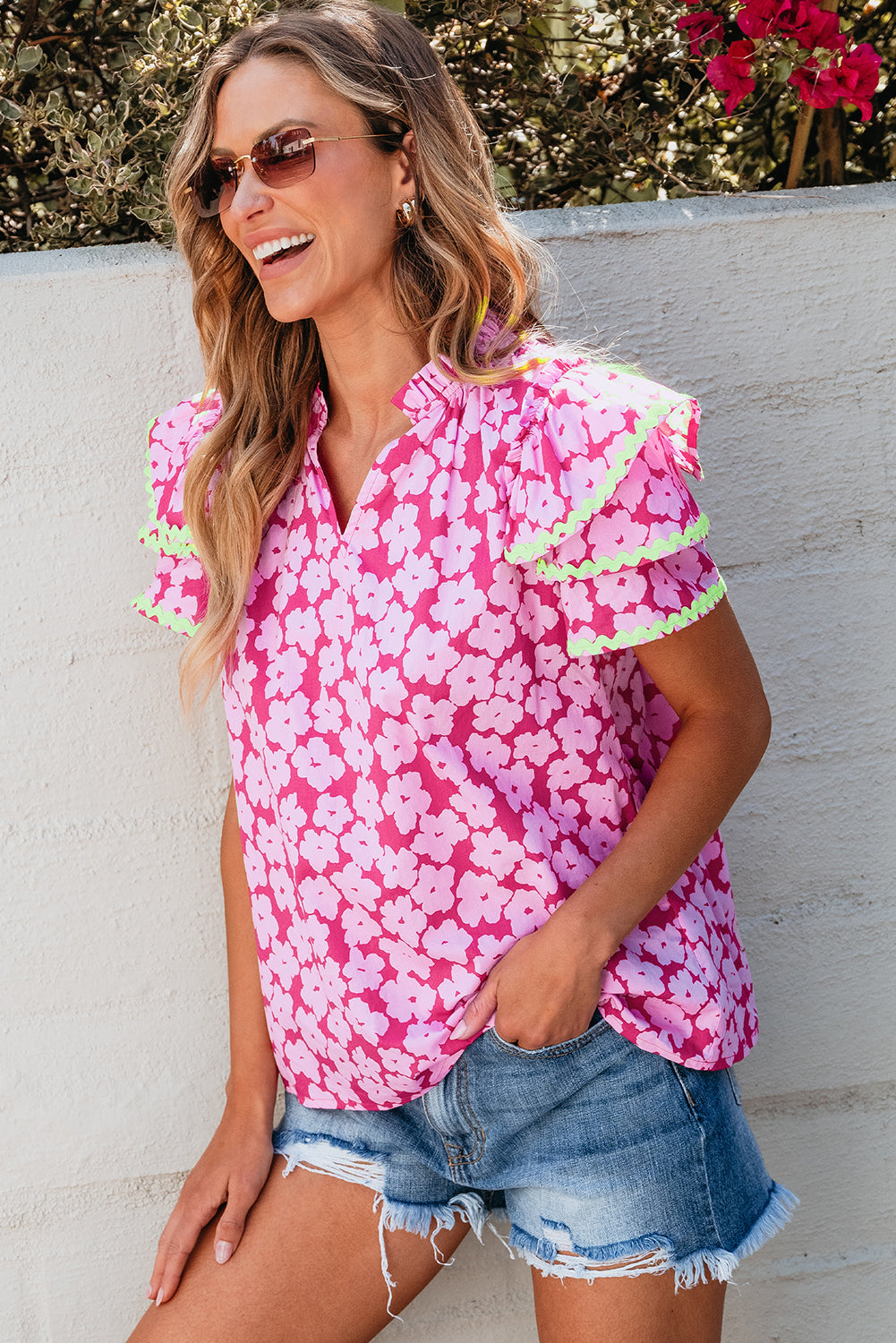 Capri Floral Ric Rac Ruffle Sleeve Blouse - Threaded Pear